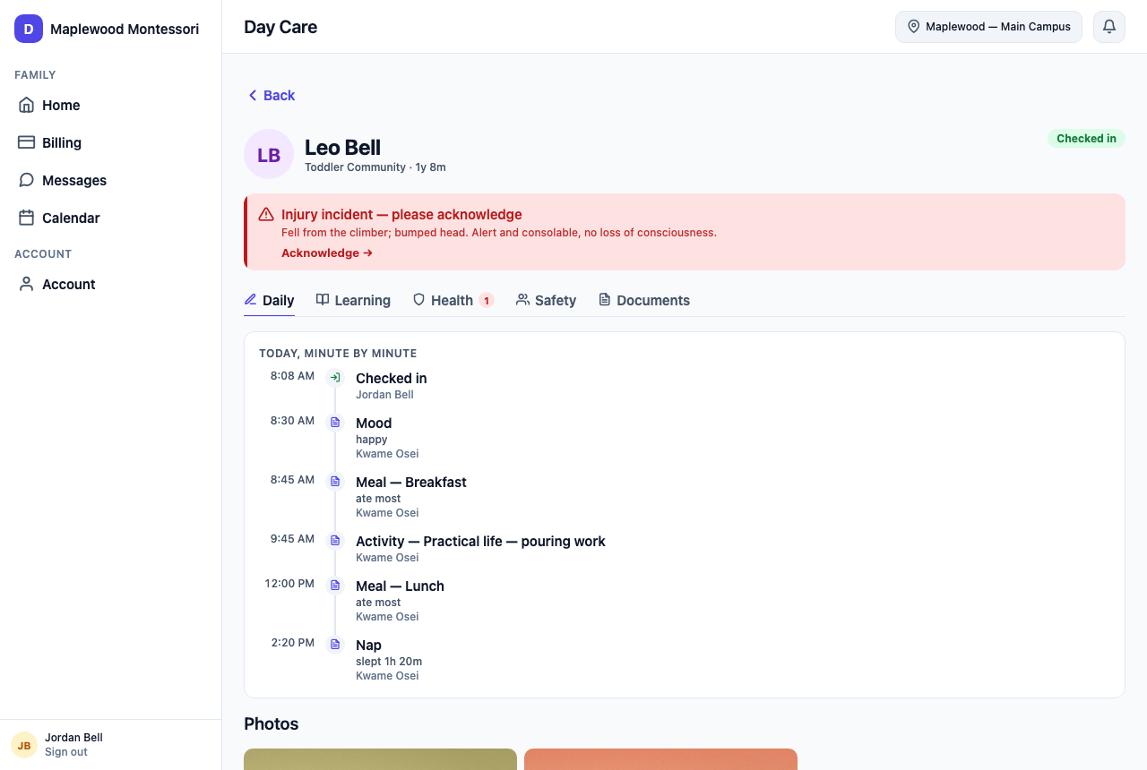 A child's day: check-in, meals, naps, photos in one timeline