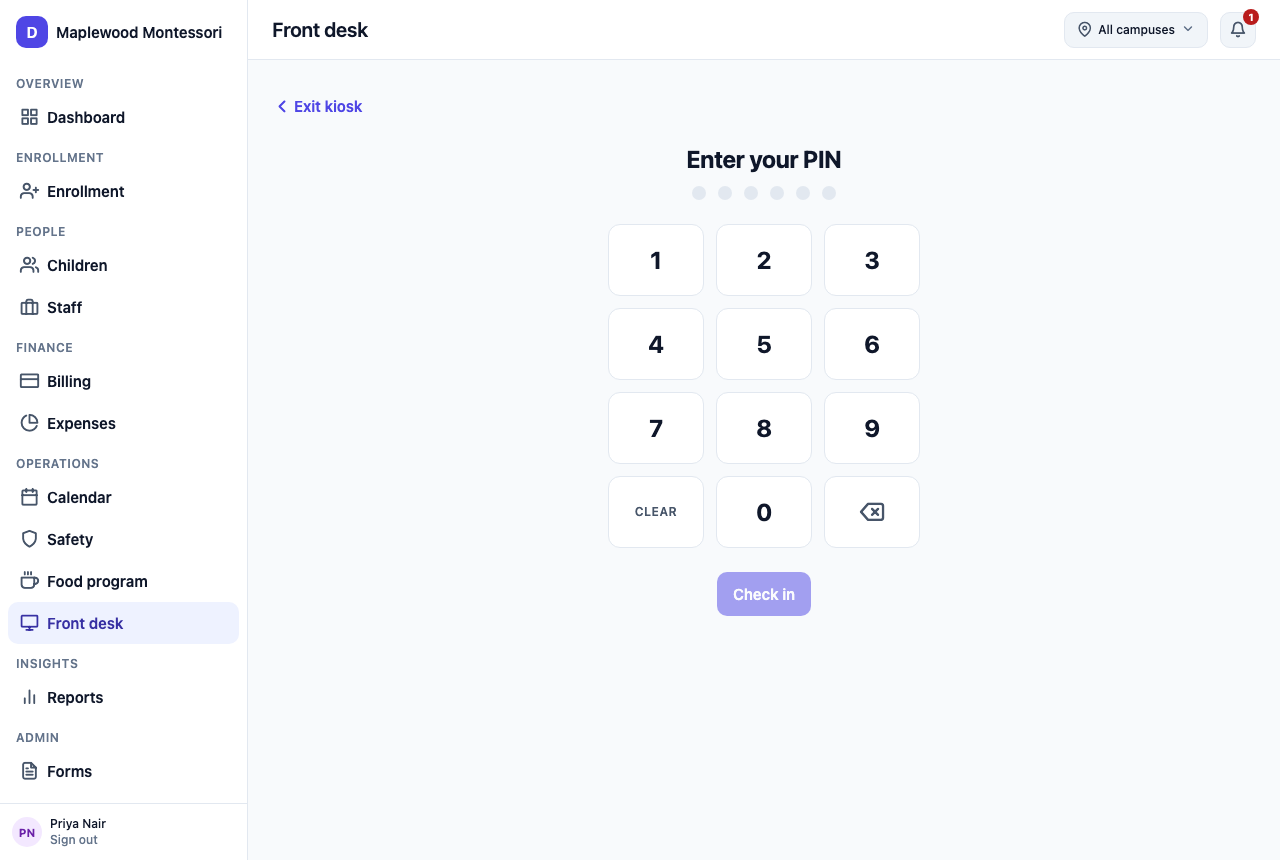 Front desk kiosk check-in with family PIN codes