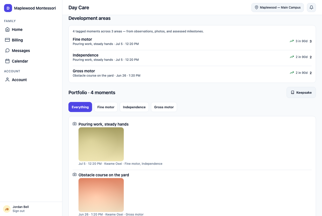 Development areas with trends and a portfolio of tagged moments with a keepsake export